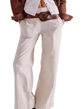 Wide Leg Cream Pants with Front Patch Pockets